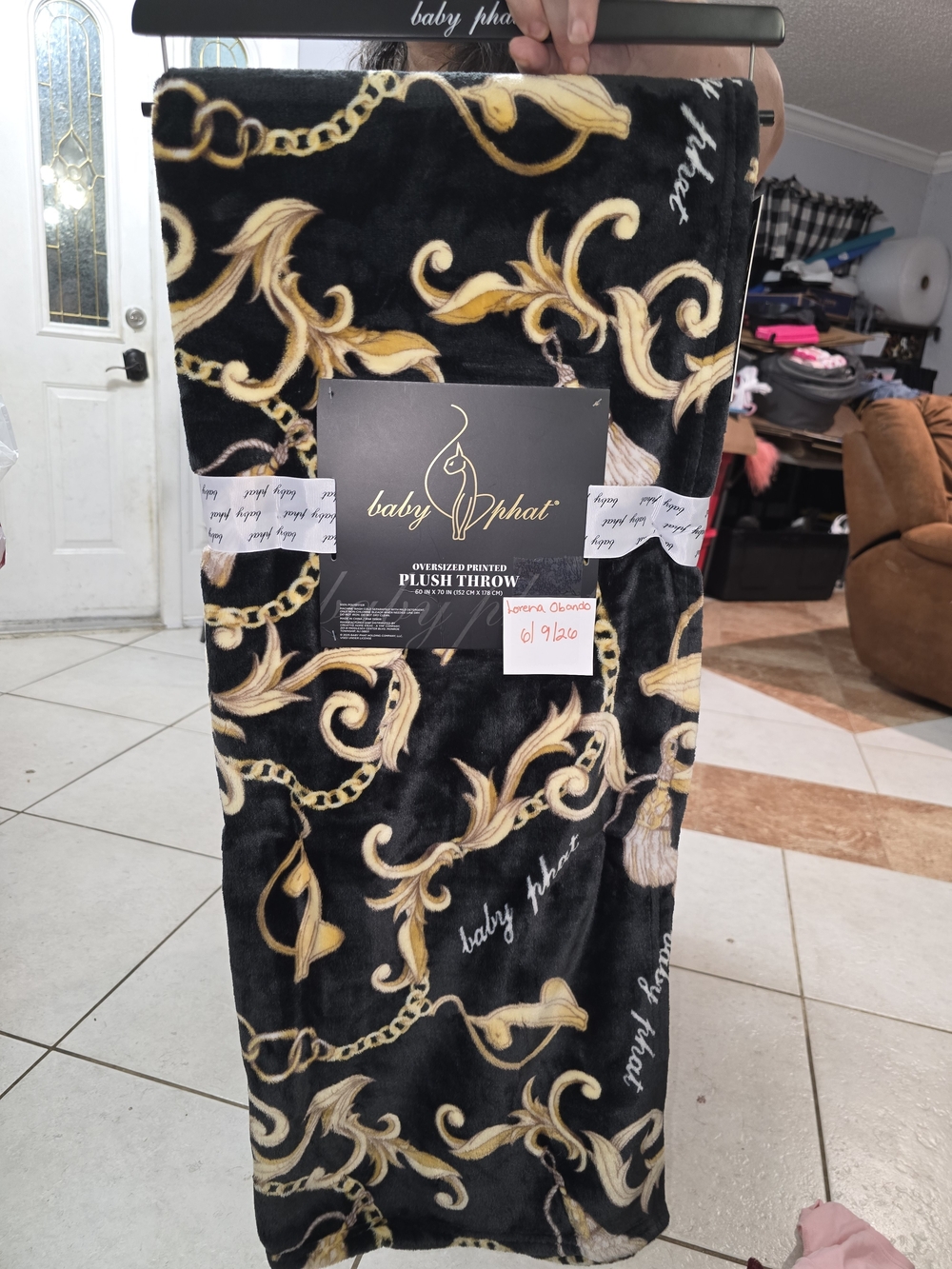 Baby Phat Black and Gold Baroque Plush Throw